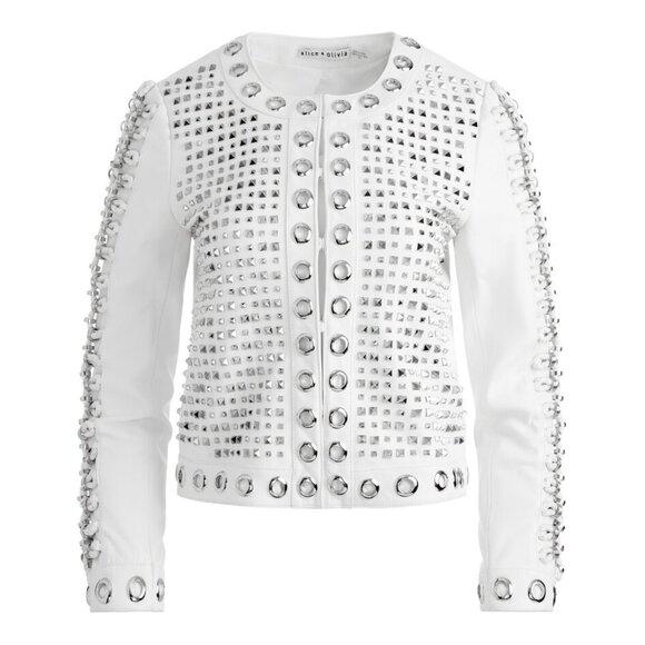 ALICE + OLIVIA Women's Kidman Embellished Leather Jacket Size S In White/Silver - Picture 4 of 14